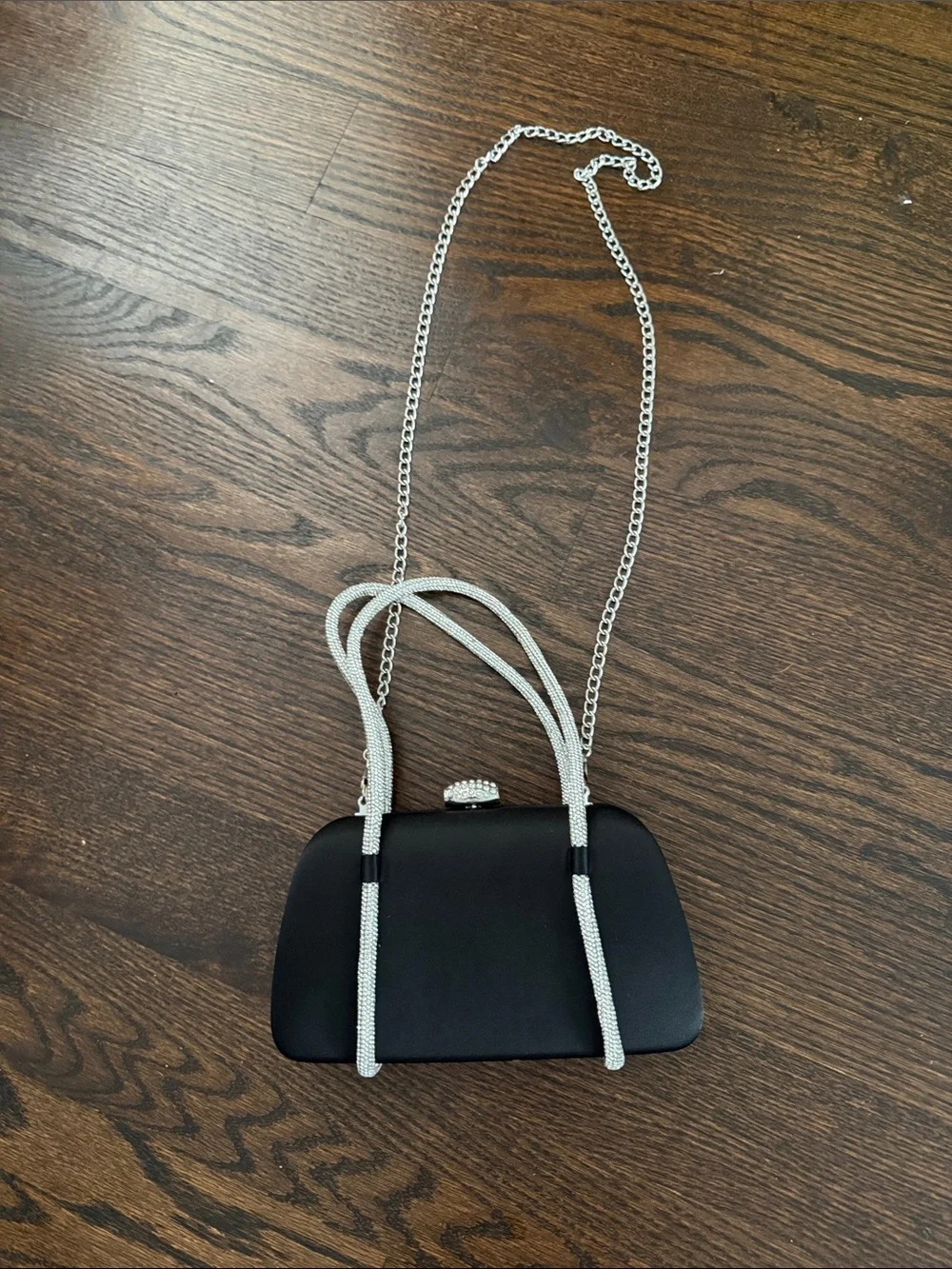 Nina Black Evening Clutch with Silver Chain and Crystal Accents